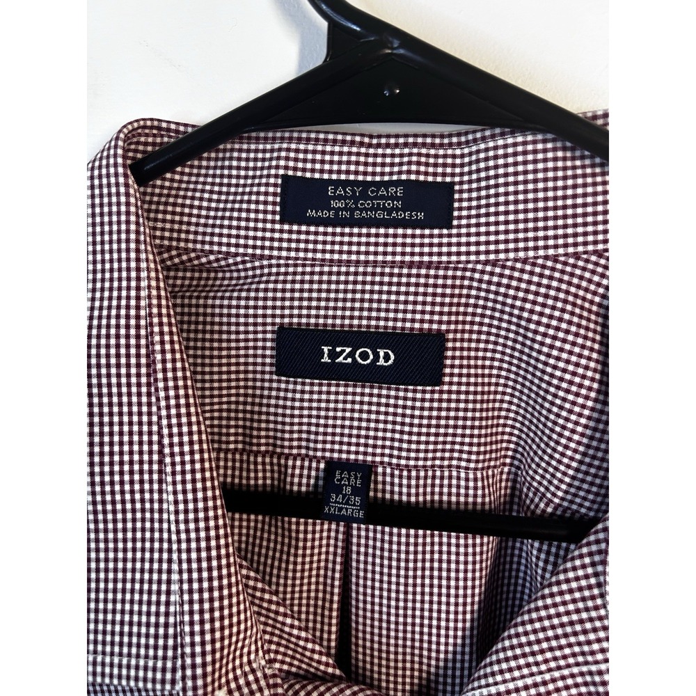 IZOD Men's Button Up Shirt 2XL Long Sleeve Gingham Burgundy Button Collar NICE
